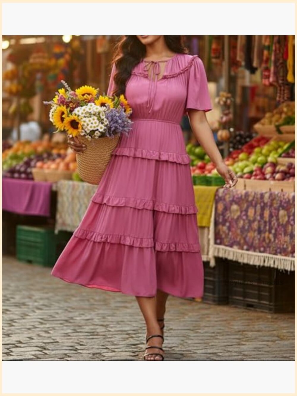 Boho Short Sleeve Midi Dress with Pockets Flowy Rayon Casual - Picture 2 of 5